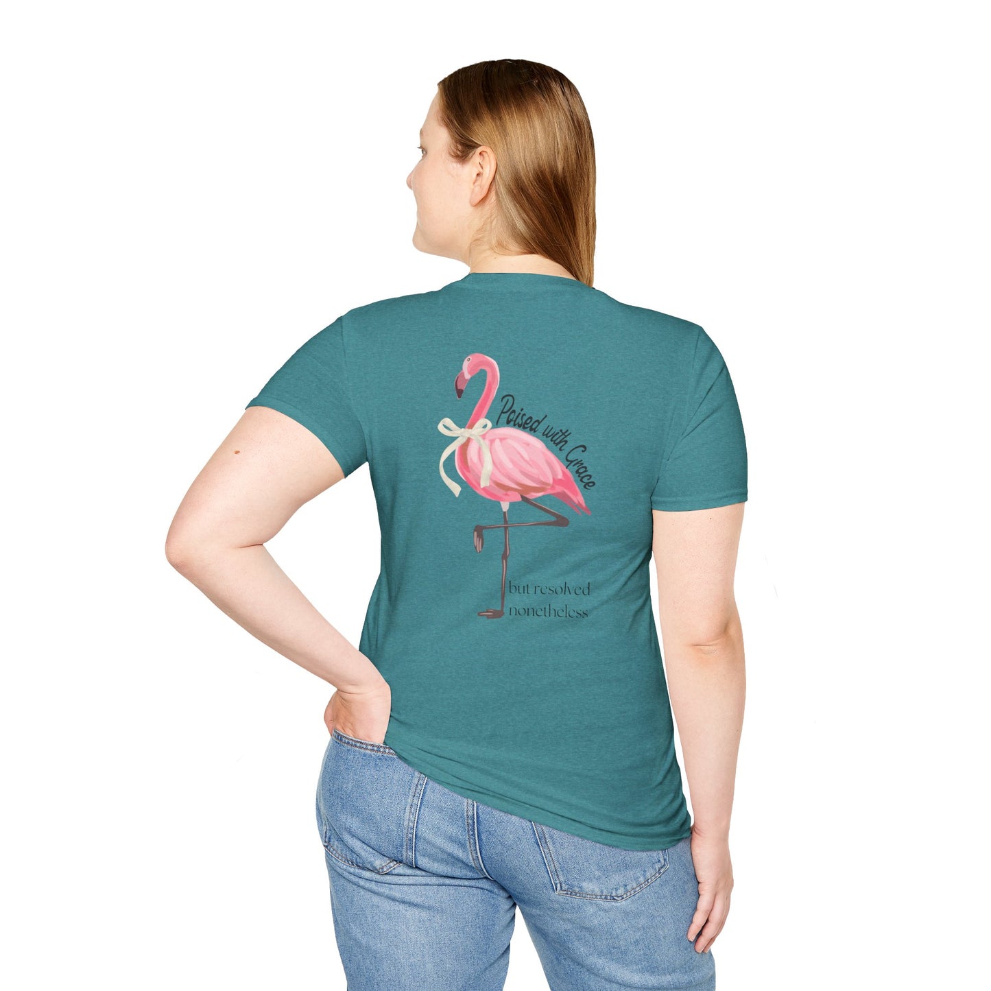 Flamingo Graphic Unisex Softstyle T-Shirt – ‘Poised with Grace’