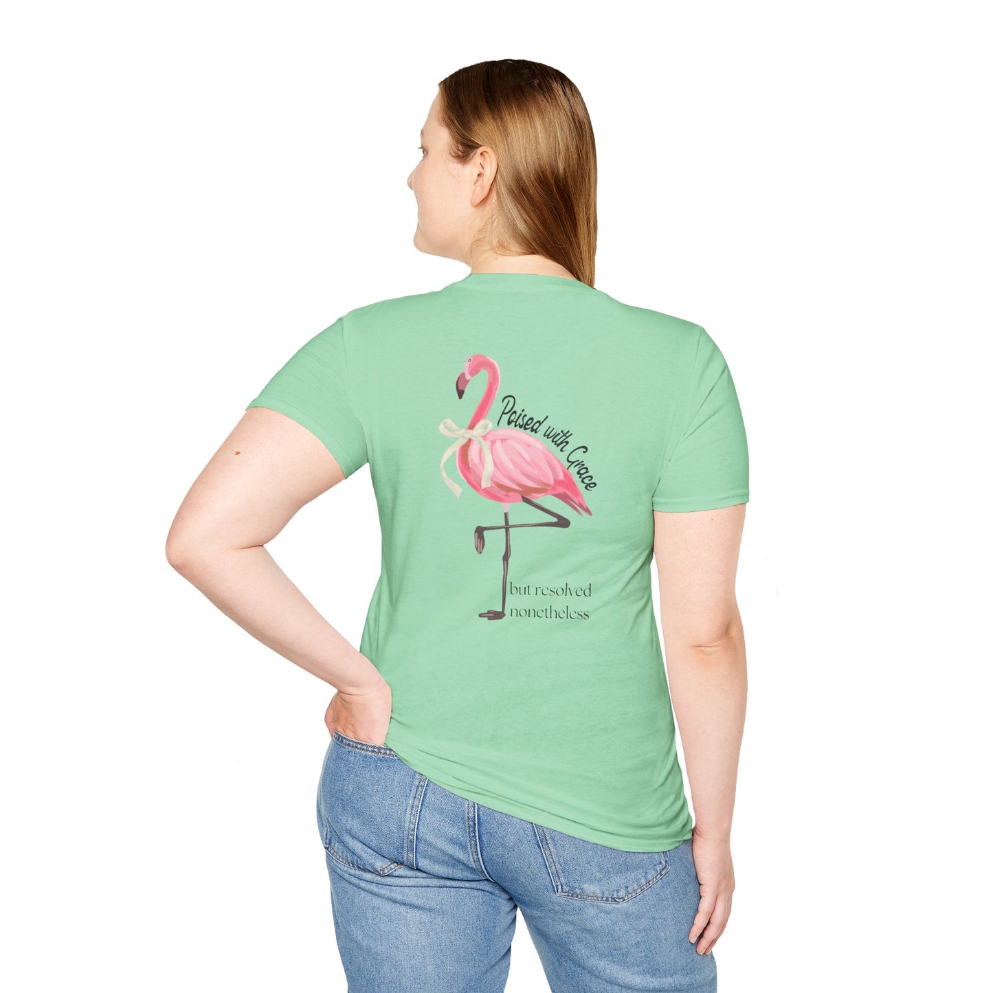 Flamingo Graphic Unisex Softstyle T-Shirt – ‘Poised with Grace’
