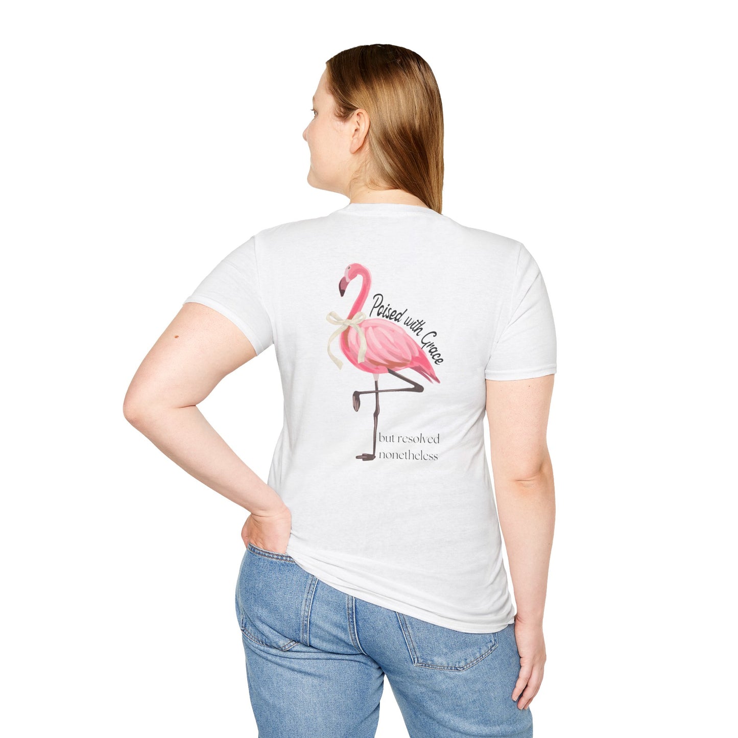 Flamingo Graphic Unisex Softstyle T-Shirt – ‘Poised with Grace’