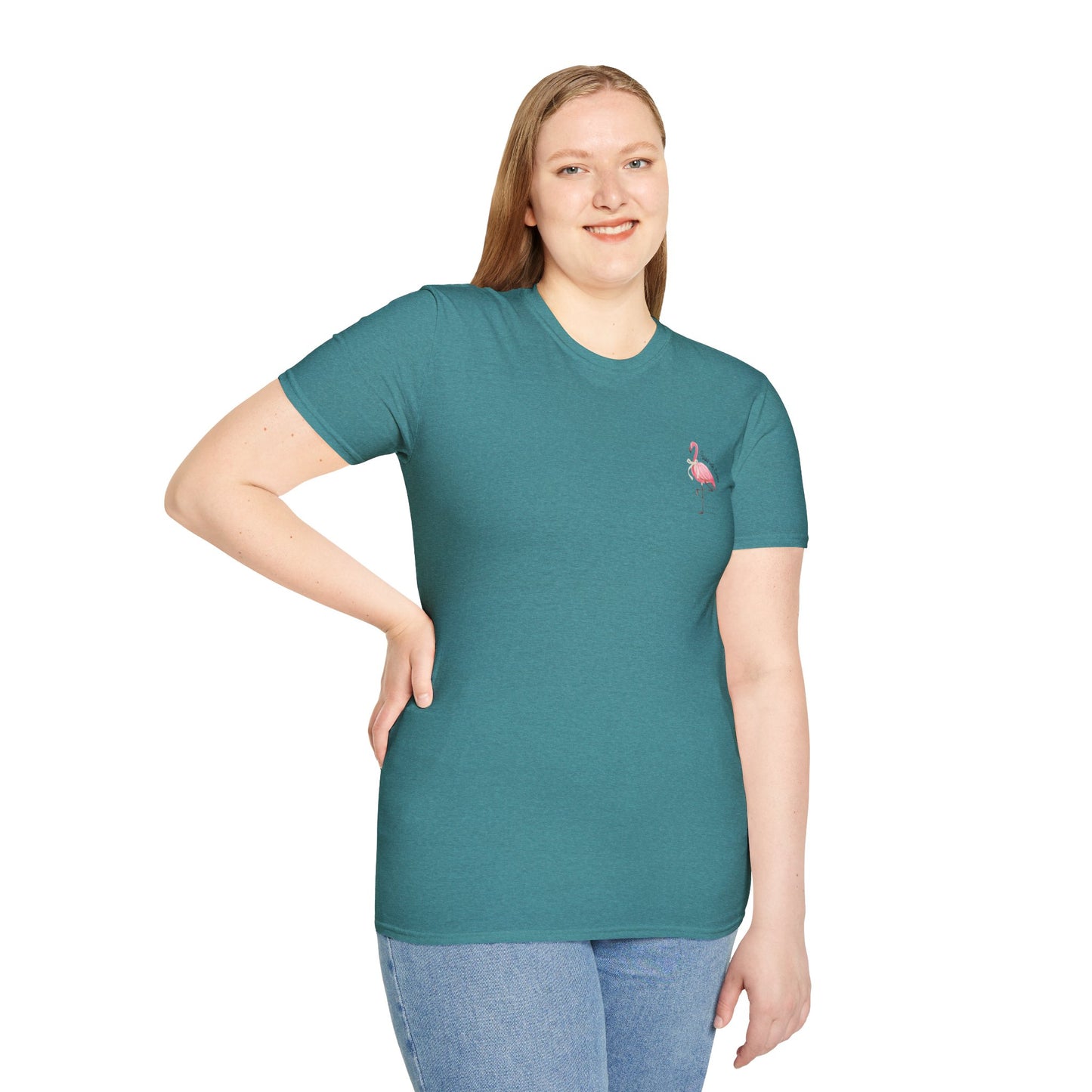 Flamingo Graphic Unisex Softstyle T-Shirt – ‘Poised with Grace’